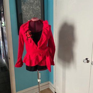 NWOT Red, Wrap Ruffle Shirt with Brooch and Belt